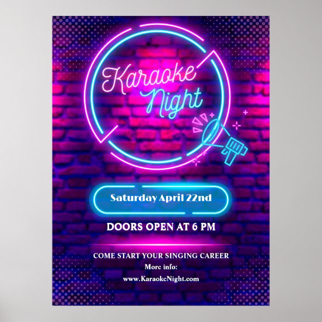 Póster Personalizar Neon Karaoke Noche Tamaño medio (Frente)