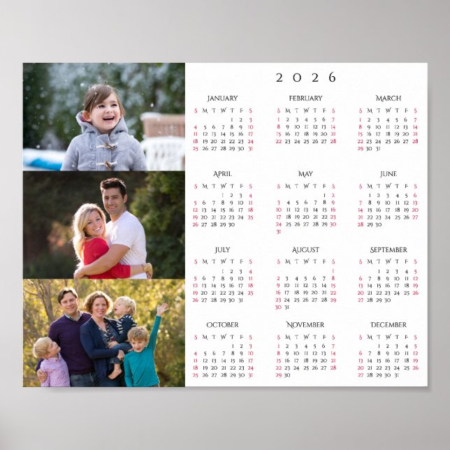 Póster Personalized 3 Photo Collage Family 2026 Calendar (Frente)