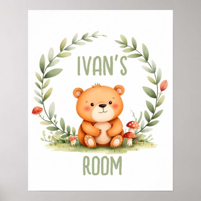 Póster Personalized Baby Bear Watercolor Woodland Nursery (Frente)