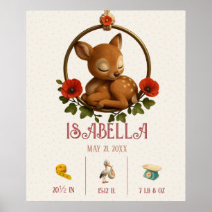 Póster Personalized Baby Birth Poster – Woodland Fawn