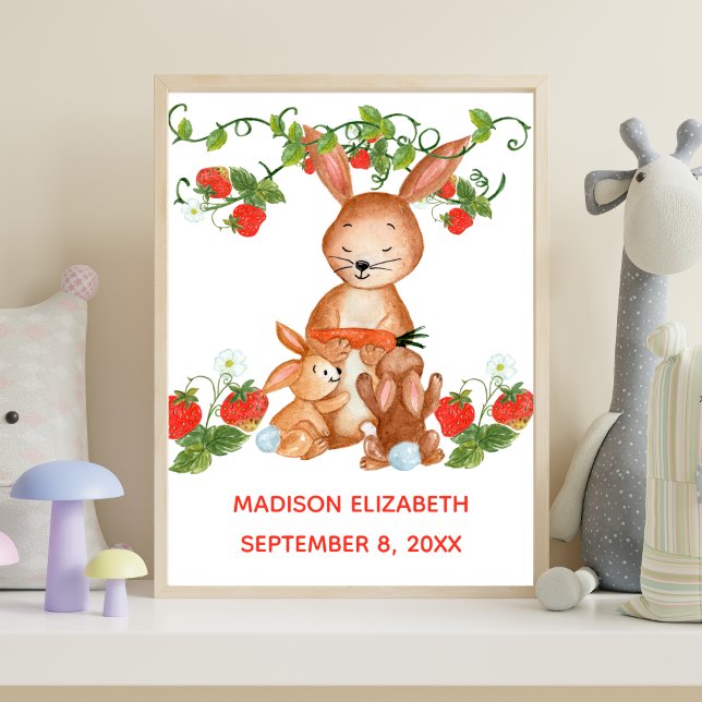 Póster Personalized Baby Bunny Strawberry Nursery Wall  (Mama Bunny Baby Bunny Strawberries Personalized Nursery Wall Art digital or printed.)