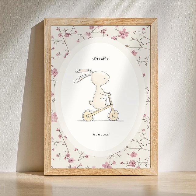 Póster Personalized Bunny Art – Name Date Birth Nursery (Custom Name Birth Date Print - Cute Bunny Nursery Poster)