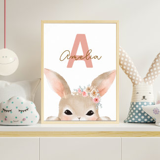 Póster Personalized Bunny Initial Nursery Wall Art Waterc