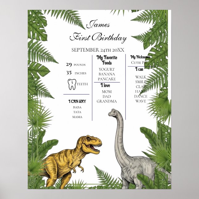 Póster Personalized Dino 1st Birthday Milestone Poster (Frente)