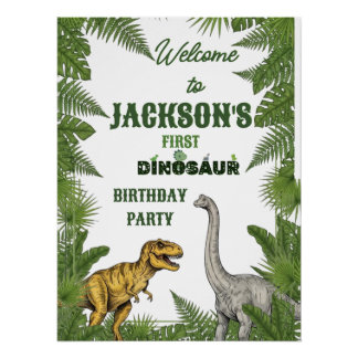 Póster Personalized Dinosaur 1st Birthday Invite & Signs