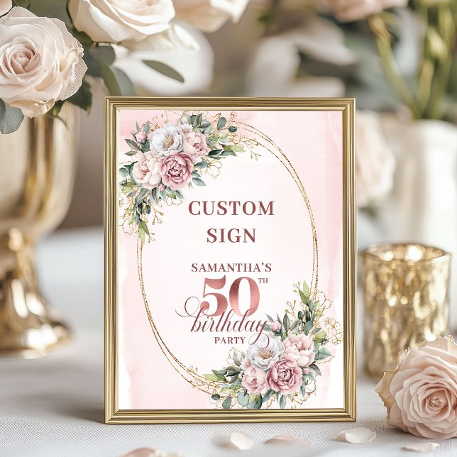 Póster Personalized Dreamy Blush Floral 50 Birthday 8x10 (Personalized Dreamy Blush Floral 50th Birthday 8x10 Sign)
