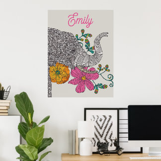 Póster Personalized Elephant Name Kids Room Poster