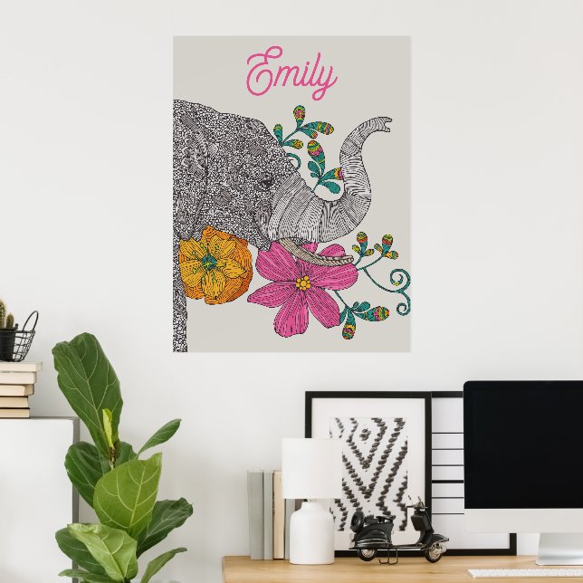 Póster Personalized Elephant Name Kids Room Poster (Oficina en casa)
