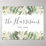 Póster Personalized Farmhouse Family Established<br><div class="desc">Personalize this farmhouse botanical sign to create unique custom house decor. Your family's name is written in calligraphy lettering,  with your established date below. Winter florals frame the top and bottom of the sign,  and include lush pine boughs,  white berries,  and pine cones.</div>