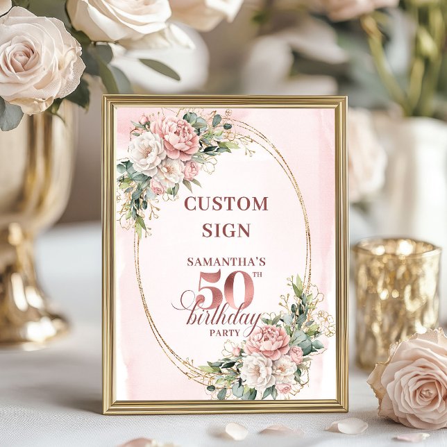 Póster Personalized Luxe Rose Gold Floral 50th Birthday  (Personalized Luxe Rose Gold Floral 50th Birthday Sign)
