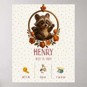 Póster Personalized Newborn Baby – Raccoon & Birth Stats