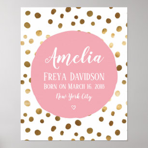 Póster Personalized Pink and gold spot birth poster print