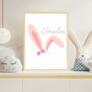 Póster Personalized Pink Bunny Ears Nursery Wall Art Baby