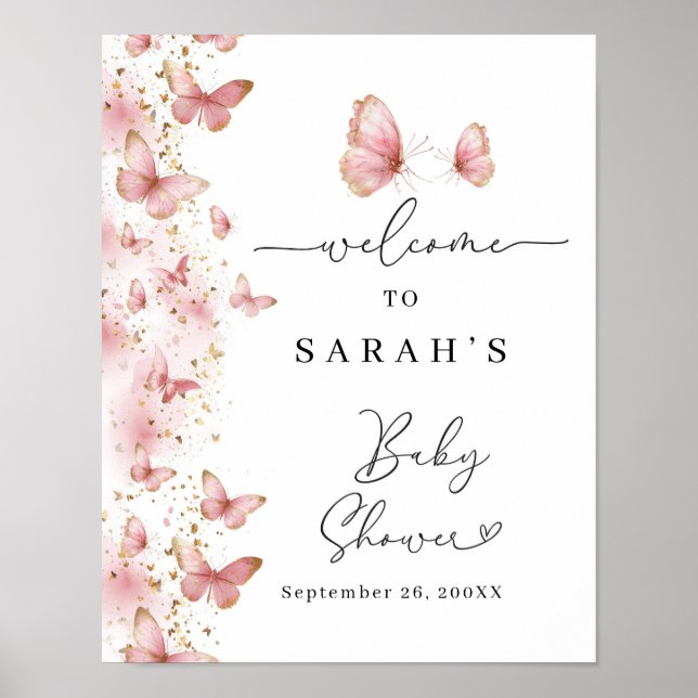 Póster Personalized Pink Butterfly Baby Shower Sign (Frente)