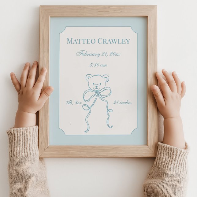 Póster Personalized Teddy Bear Blue Birth Info Poster (Personalized Teddy Bear Blue Birth Info Poster)