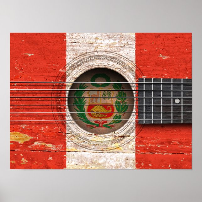 Póster Peruvian Flag on Old Acoustic Guitar (Frente)