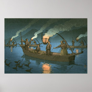 Póster Pesca con cormoranes Kawase Hasui 1954