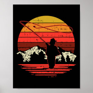 Póster Pesca con Mosca Atardecer Retro Trucha Pescador A
