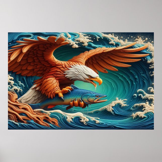 Póster Pesca de águila majestuosa en una ola 36x24 (Frente)