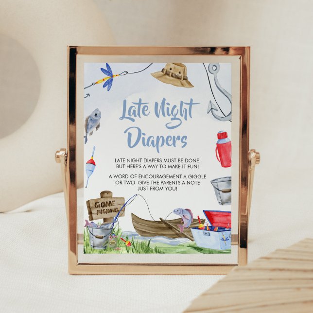 Póster Pesca de aparejos nocturnos de Baby Shower (Little Fisherman Baby Shower Late Night Diapers Sign)