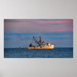 Póster Pesca de camarones al atardecer