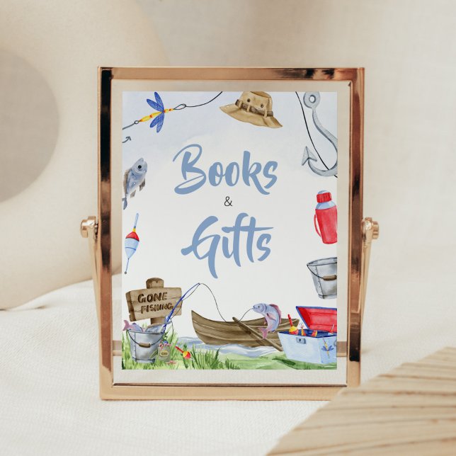 Póster Pesca de libros y regalos Baby Shower (Little Fisherman Baby Shower Books and Gifts Sign)