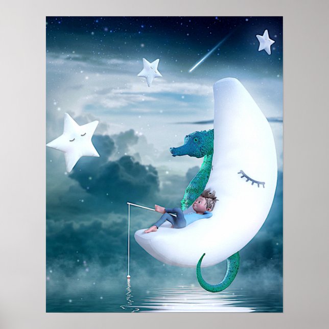 Póster Pesca de niños y caballitos de mar en la luna (Frente)