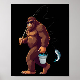 Póster Pesca de pie grande Funny Retro Sasquatch Pescador