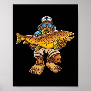 Póster Pesca de trucha marrón en el río, caza de Bigfoot,