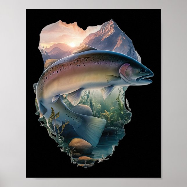 Póster Pesca de trucha Pesca Montañas Pescador de la Natu (Frente)