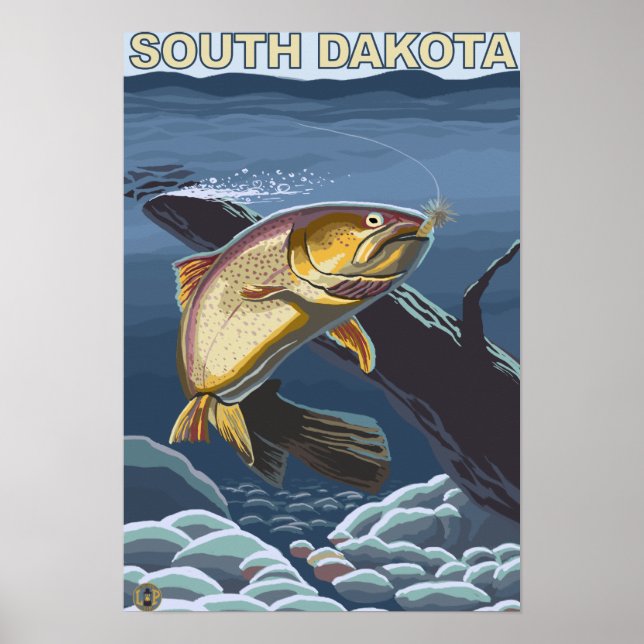 Póster Pesca de truchas de garganta en Dakota del Sur (Frente)