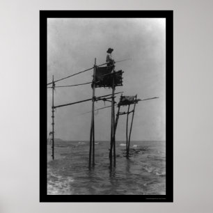 Póster Pesca desde una torre en Japón en 1909