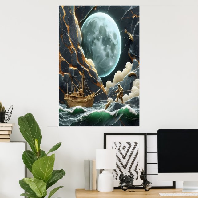Póster Pesca iluminada por la luna bajo el acantilado (Oficina en casa)