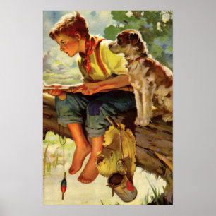 Póster Pesca vintage, niño con su pipa y gusanos