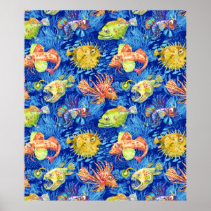 Póster Pescado acuarela divertida