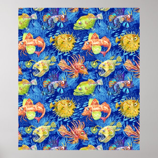 Póster Pescado acuarela divertida (Frente)