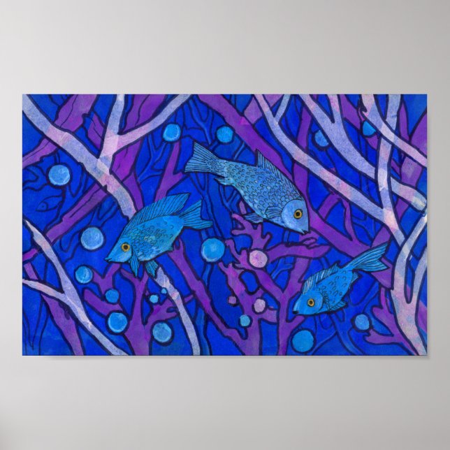 Póster Pescado azul en algas marinas, colección de papel  (Frente)