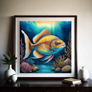 Póster Pescado colorido de dibujo de talla
