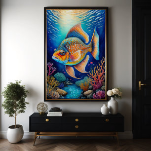 Póster Pescado colorido de dibujo de talla