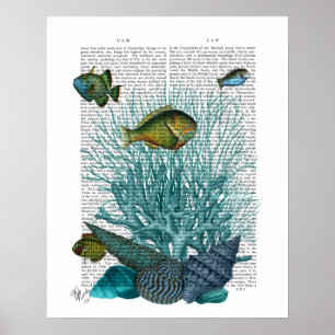 Póster Pescado, conchas azules y corales