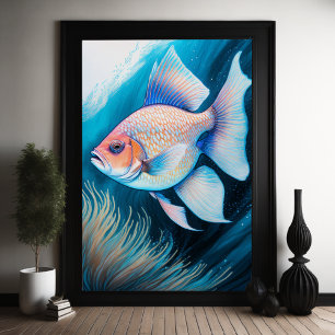 Póster Pescado de dibujo azul rosa IV