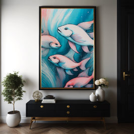 Póster Pescado de dibujo de la alga azul rosa