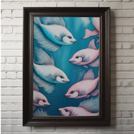 Póster Pescado de dibujo de la alga azul rosa