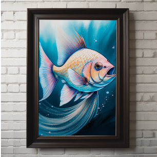 Póster Pescado de dibujo de la alga azul rosa