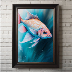 Póster Pescado de dibujo rosa azul azul iii