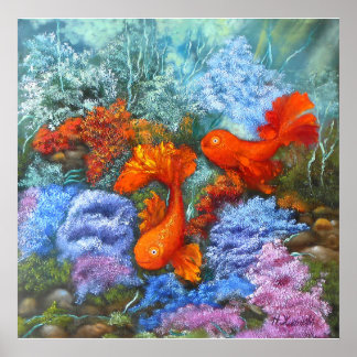 Póster Pescado de oro pintando feng shui adorando los sím