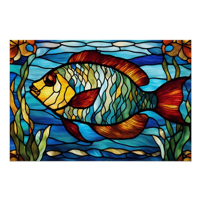 Póster Pescado de vidrio templado nadando en el océano (Anverso)