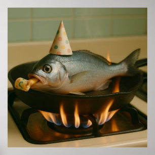 Póster Pescado En Una Sabana Con Un Gorra Fiesta En