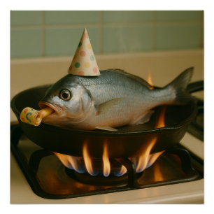 Póster Pescado En Una Sabana Con Un Gorra Fiesta En