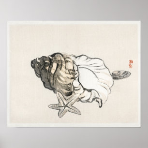 Póster Pescado estrella y conchby Kōno Bairei (1844-1895)